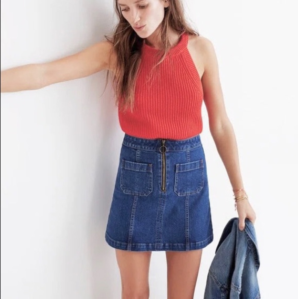 Madewell Women's 70s Dark Denim Mini Skirt Exposed Zipper Patch Pockets 27